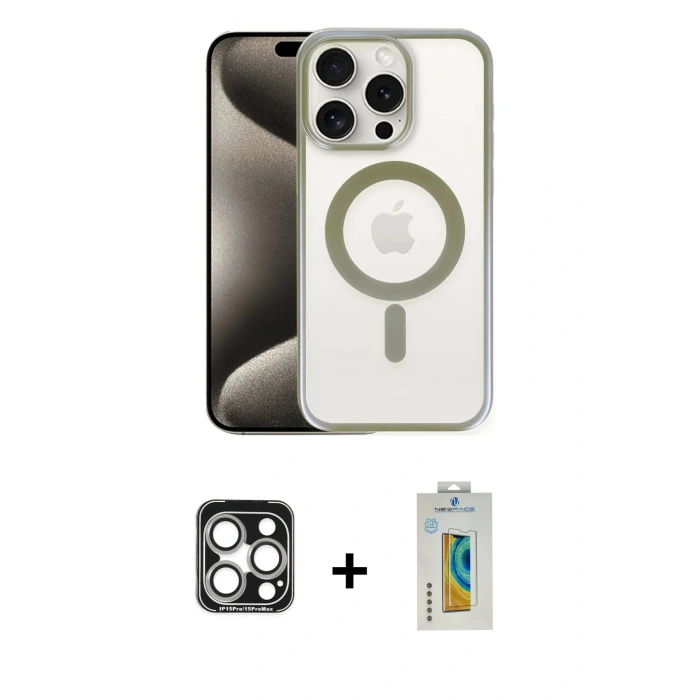 MARSİLYAN™- iPhone 15 Pro Max Kılıf Siluet Çizgi Serisi - Siyah Polymer Nano Ekran Koruyucu + PVD Metal Kamera Lens - GS