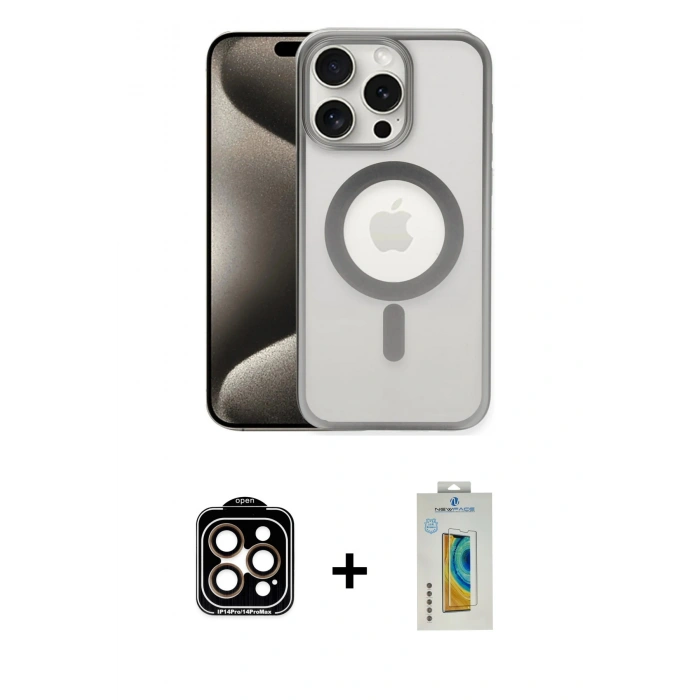 MARSİLYAN™- iPhone 15 Pro Max Kılıf Siluet Çizgi Serisi - Siyah Polymer Nano Ekran Koruyucu + PVD Metal Kamera Lens - TU
