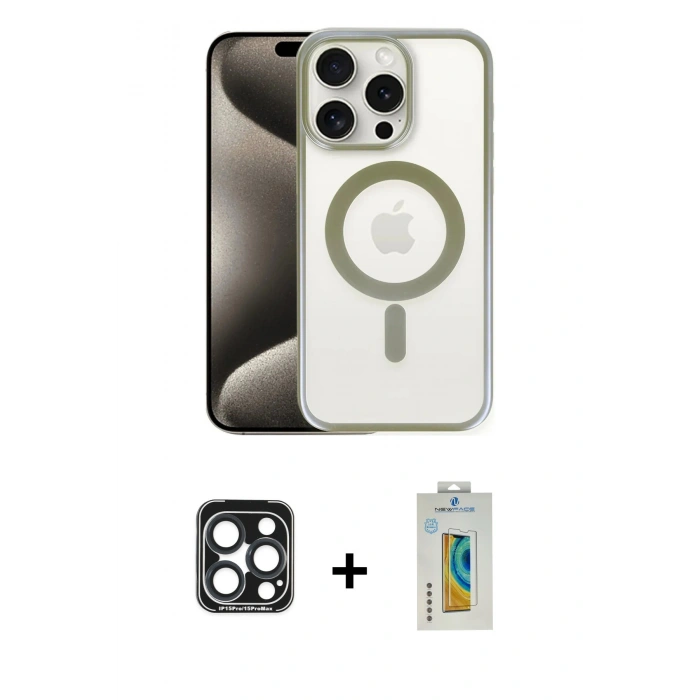 MARSİLYAN™- iPhone 15 Pro Max Kılıf Siluet Çizgi Serisi - Siyah Polymer Nano Ekran Koruyucu + PVD Metal Kamera Lens - LT