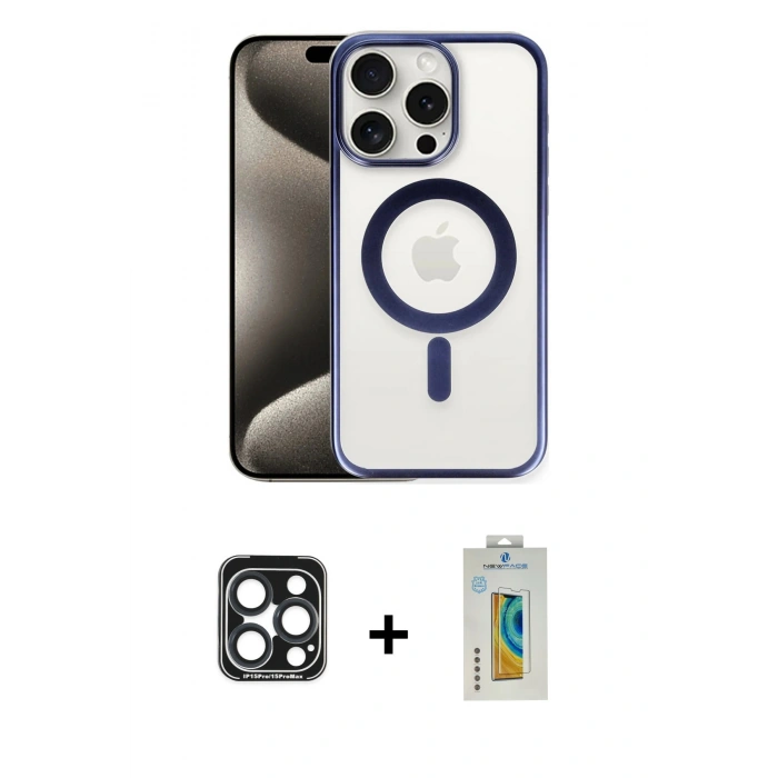 MARSİLYAN™- iPhone 15 Pro Max Kılıf Siluet Çizgi Serisi - Siyah Polymer Nano Ekran Koruyucu + PVD Metal Kamera Lens - LT