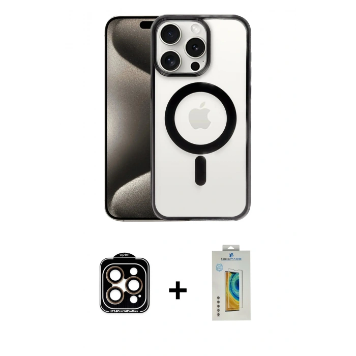 MARSİLYAN™- iPhone 15 Pro Max Kılıf Siluet Çizgi Serisi - Siyah Polymer Nano Ekran Koruyucu + PVD Metal Kamera Lens - TU