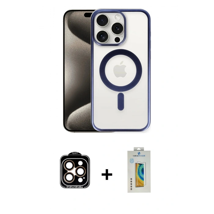 MARSİLYAN™- iPhone 15 Pro Max Kılıf Siluet Çizgi Serisi - Siyah Polymer Nano Ekran Koruyucu + PVD Metal Kamera Lens - TU