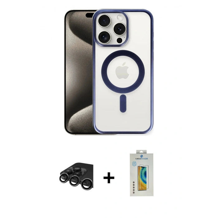 MARSİLYAN™- iPhone 15 Pro Max Kılıf Siluet Çizgi Serisi - Siyah Polymer Nano Ekran Koruyucu + Raze Metal Kamera Lens - TMGI
