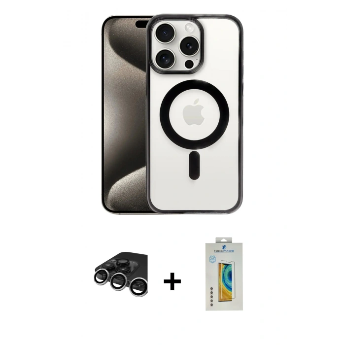 MARSİLYAN™- iPhone 15 Pro Max Kılıf Siluet Çizgi Serisi - Siyah Polymer Nano Ekran Koruyucu + Raze Metal Kamera Lens - GS