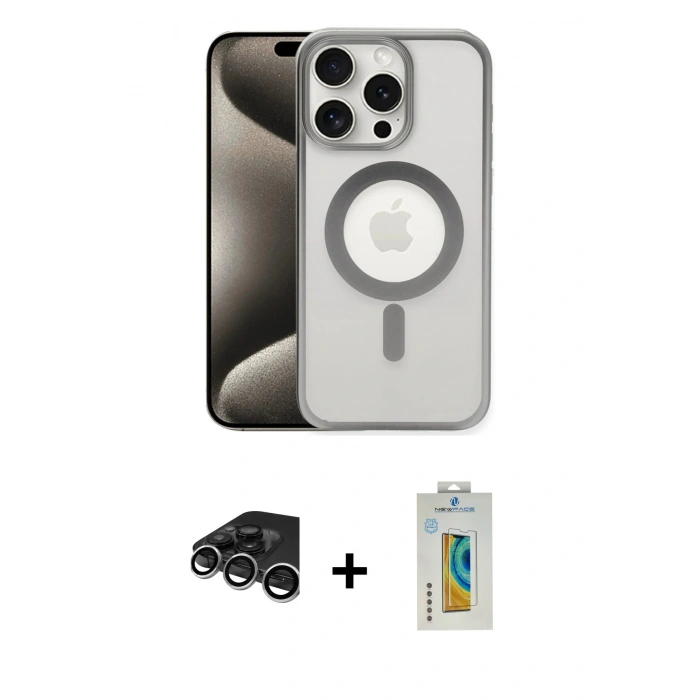 MARSİLYAN™- iPhone 15 Pro Max Kılıf Siluet Çizgi Serisi - Siyah Polymer Nano Ekran Koruyucu + Raze Metal Kamera Lens - GS