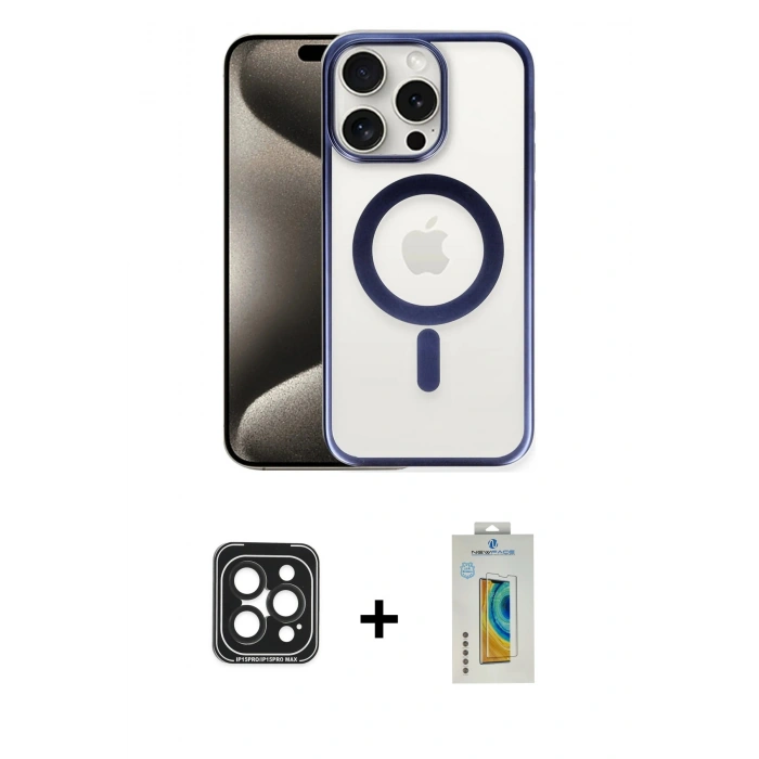 MARSİLYAN™- iPhone 15 Pro Max Kılıf Siluet Çizgi Serisi - Siyah Polymer Nano Ekran Koruyucu + PVD Metal Kamera Lens - SH