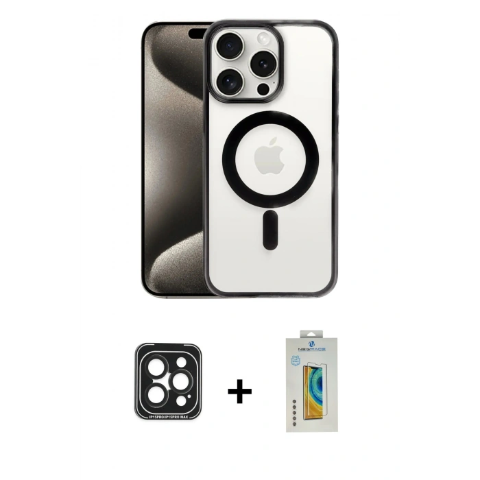 MARSİLYAN™- iPhone 15 Pro Max Kılıf Siluet Çizgi Serisi - Siyah Polymer Nano Ekran Koruyucu + PVD Metal Kamera Lens - SH
