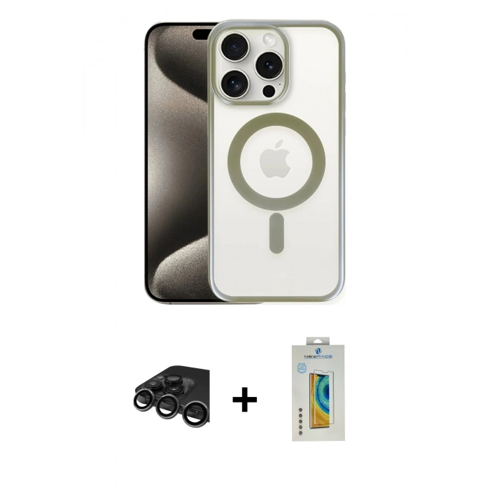MARSİLYAN™- iPhone 15 Pro Max Kılıf Siluet Çizgi Serisi - Siyah Polymer Nano Ekran Koruyucu + Titanyum Gri Raze Metal Kamera Lens