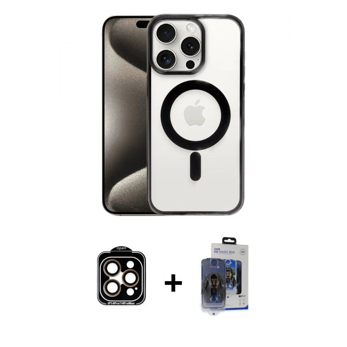MARSİLYAN™- iPhone 15 Pro Max Kılıf Siluet Çizgi Serisi - Siyah Vanessa Magic Cam + PVD Metal Kamera Lens - TU