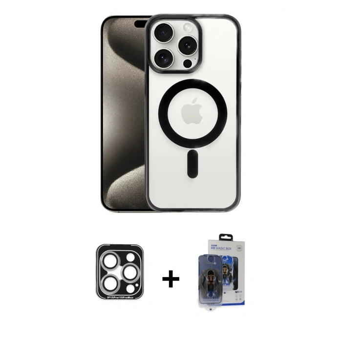MARSİLYAN™- iPhone 15 Pro Max Kılıf Siluet Çizgi Serisi - Siyah Vanessa Magic Cam + PVD Metal Kamera Lens - GS