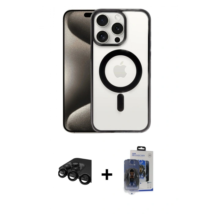 MARSİLYAN™- iPhone 15 Pro Max Kılıf Siluet Çizgi Serisi - Siyah Vanessa Magic Cam + Raze Metal Kamera Lens - SH