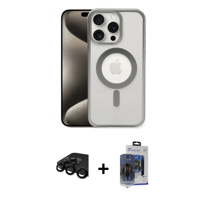 MARSİLYAN™- iPhone 15 Pro Max Kılıf Siluet Çizgi Serisi - Siyah Vanessa Magic Cam + Raze Metal Kamera Lens - SH