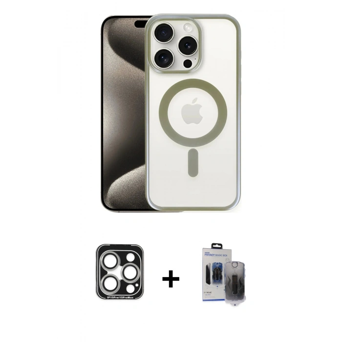 MARSİLYAN™- iPhone 15 Pro Max Kılıf Siluet Çizgi Serisi - Siyah Vanessa Magic Hayalet Cam + PVD Metal Kamera Lens - GS