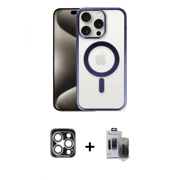 MARSİLYAN™- iPhone 15 Pro Max Kılıf Siluet Çizgi Serisi - Siyah Vanessa Magic Hayalet Cam + PVD Metal Kamera Lens - GS