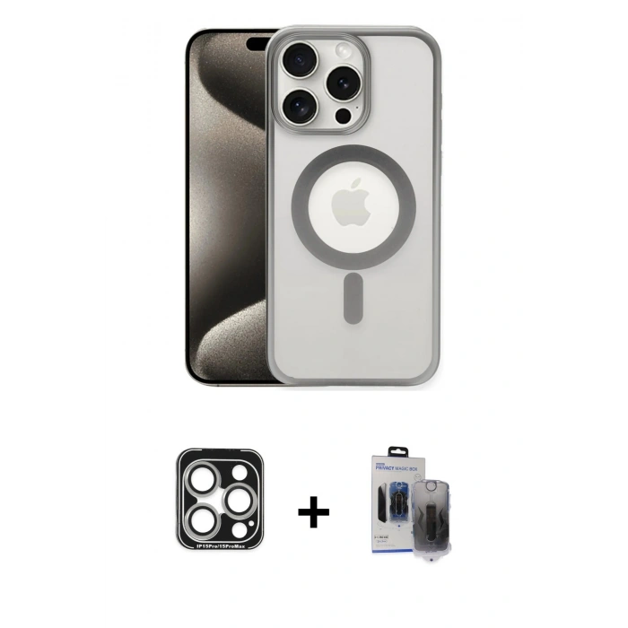 MARSİLYAN™- iPhone 15 Pro Max Kılıf Siluet Çizgi Serisi - Siyah Vanessa Magic Hayalet Cam + PVD Metal Kamera Lens - GS