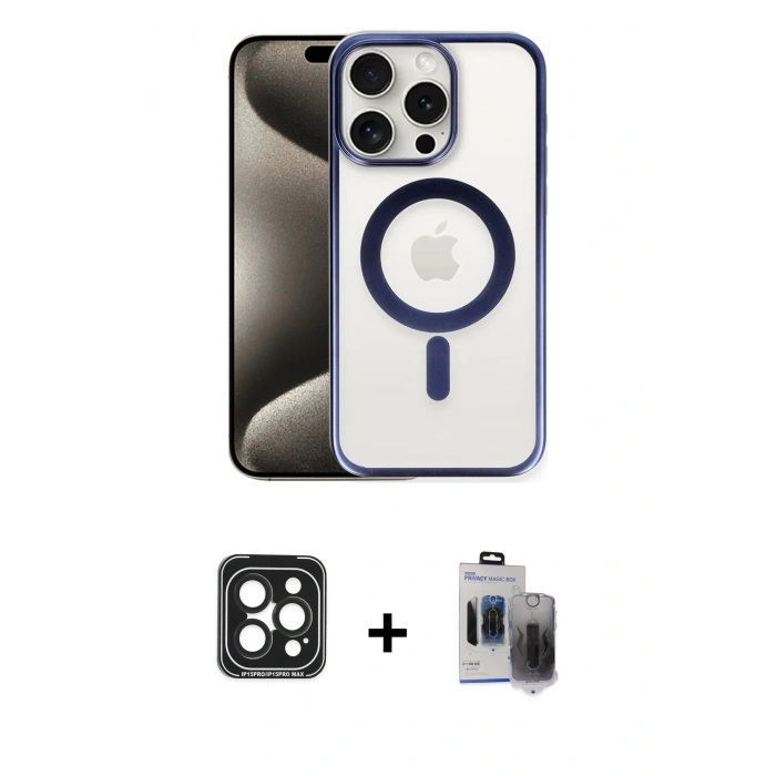 MARSİLYAN™- iPhone 15 Pro Max Kılıf Siluet Çizgi Serisi - Siyah Vanessa Magic Hayalet Cam + PVD Metal Kamera Lens - SH