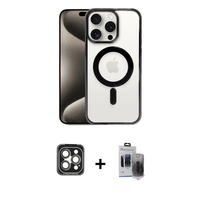 MARSİLYAN™- iPhone 15 Pro Max Kılıf Siluet Çizgi Serisi - Siyah Vanessa Magic Hayalet Cam + PVD Metal Kamera Lens - GI