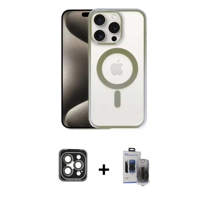 MARSİLYAN™- iPhone 15 Pro Max Kılıf Siluet Çizgi Serisi - Siyah Vanessa Magic Hayalet Cam + PVD Metal Kamera Lens - GI
