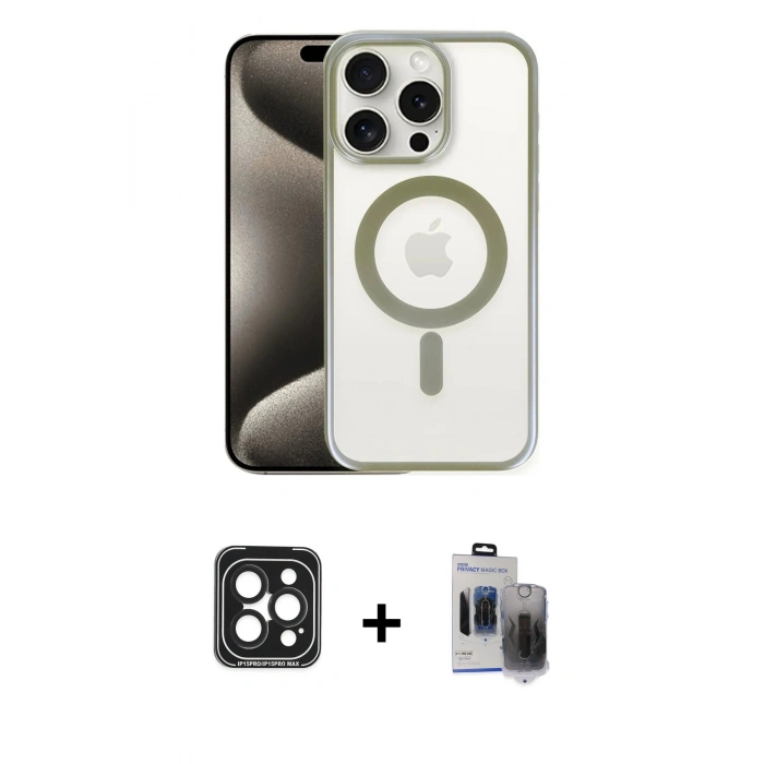 MARSİLYAN™- iPhone 15 Pro Max Kılıf Siluet Çizgi Serisi - Siyah Vanessa Magic Hayalet Cam + PVD Metal Kamera Lens - SH