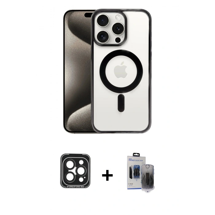 MARSİLYAN™- iPhone 15 Pro Max Kılıf Siluet Çizgi Serisi - Siyah Vanessa Magic Hayalet Cam + PVD Metal Kamera Lens - SH
