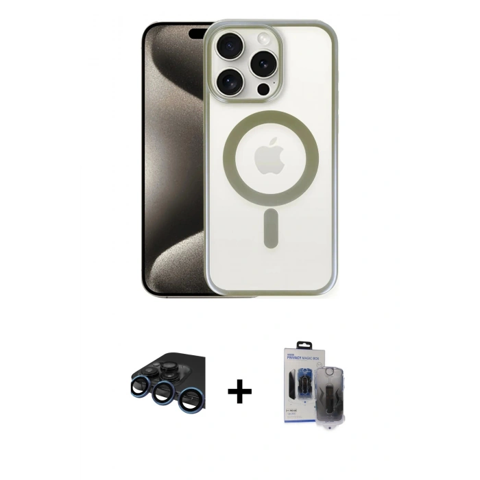 MARSİLYAN™- iPhone 15 Pro Max Kılıf Siluet Çizgi Serisi - Siyah Vanessa Magic Hayalet Cam + Raze Metal Kamera Lens - LT