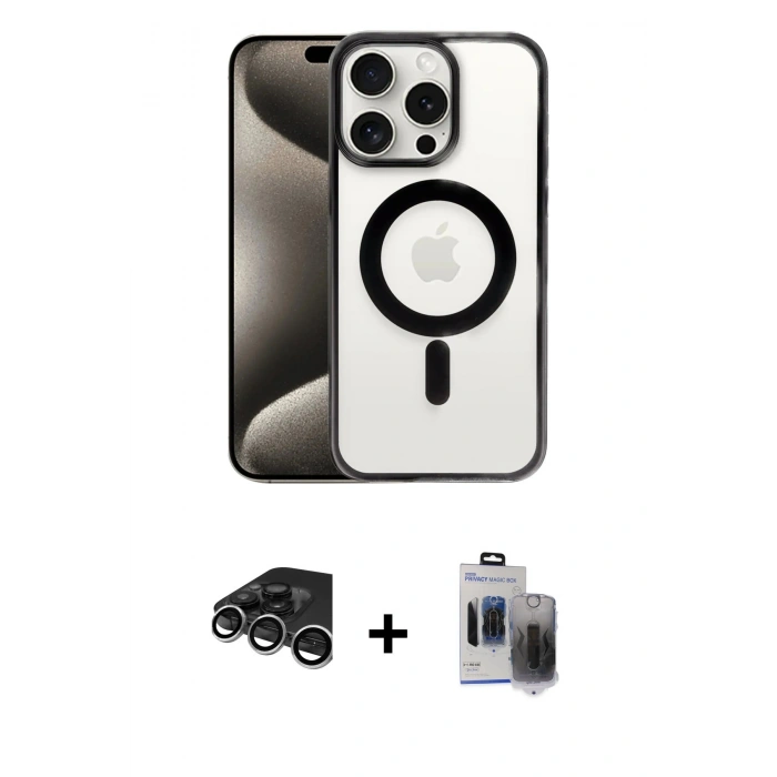 MARSİLYAN™- iPhone 15 Pro Max Kılıf Siluet Çizgi Serisi - Siyah Vanessa Magic Hayalet Cam + Raze Metal Kamera Lens - GS