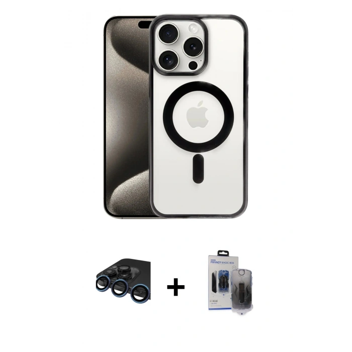 MARSİLYAN™- iPhone 15 Pro Max Kılıf Siluet Çizgi Serisi - Siyah Vanessa Magic Hayalet Cam + Raze Metal Kamera Lens - LT