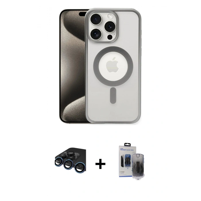 MARSİLYAN™- iPhone 15 Pro Max Kılıf Siluet Çizgi Serisi - Siyah Vanessa Magic Hayalet Cam + Raze Metal Kamera Lens - LT