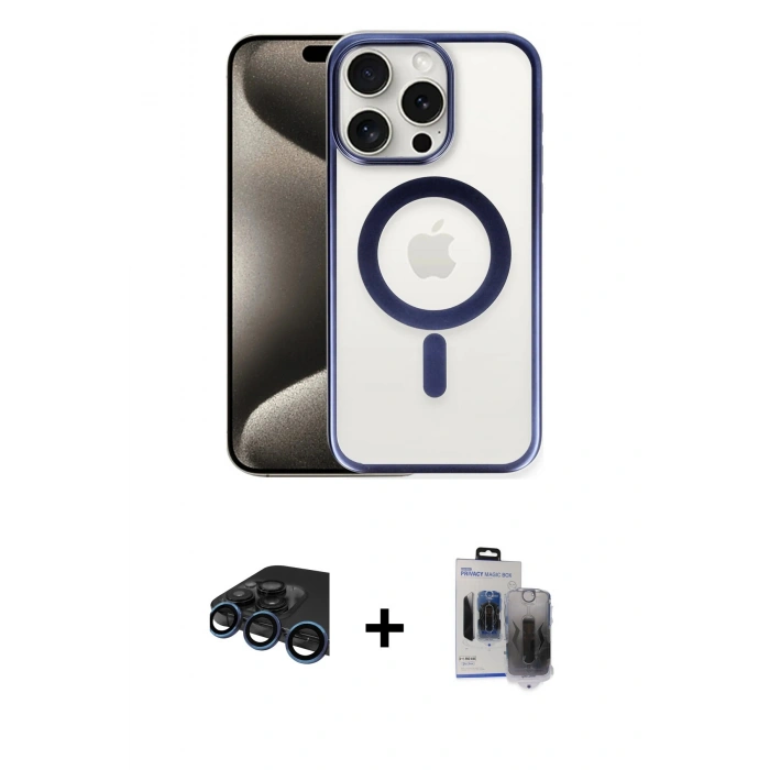 MARSİLYAN™- iPhone 15 Pro Max Kılıf Siluet Çizgi Serisi - Siyah Vanessa Magic Hayalet Cam + Raze Metal Kamera Lens - LT