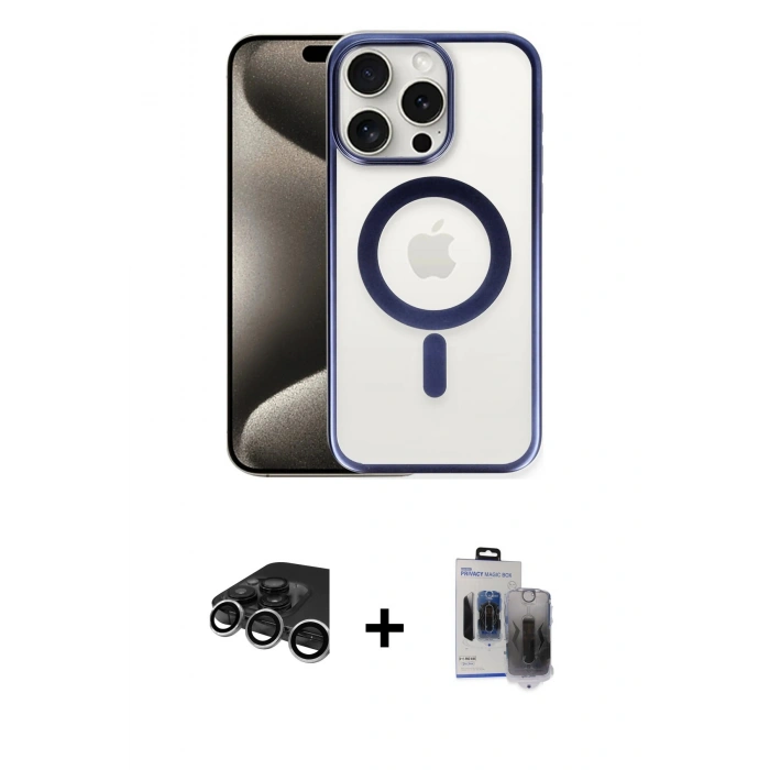 MARSİLYAN™- iPhone 15 Pro Max Kılıf Siluet Çizgi Serisi - Siyah Vanessa Magic Hayalet Cam + Raze Metal Kamera Lens - GS