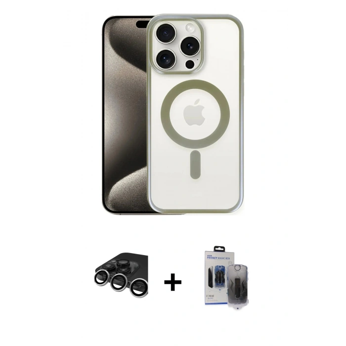 MARSİLYAN™- iPhone 15 Pro Max Kılıf Siluet Çizgi Serisi - Siyah Vanessa Magic Hayalet Cam + Raze Metal Kamera Lens - GS