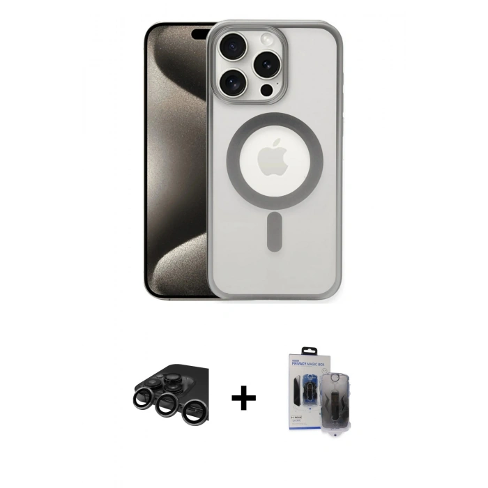MARSİLYAN™- iPhone 15 Pro Max Kılıf Siluet Çizgi Serisi - Siyah Vanessa Magic Hayalet Cam + Raze Metal Kamera Lens - TMGI