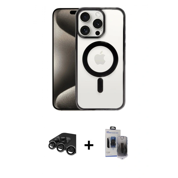 MARSİLYAN™- iPhone 15 Pro Max Kılıf Siluet Çizgi Serisi - Siyah Vanessa Magic Hayalet Cam + Raze Metal Kamera Lens - TMGI