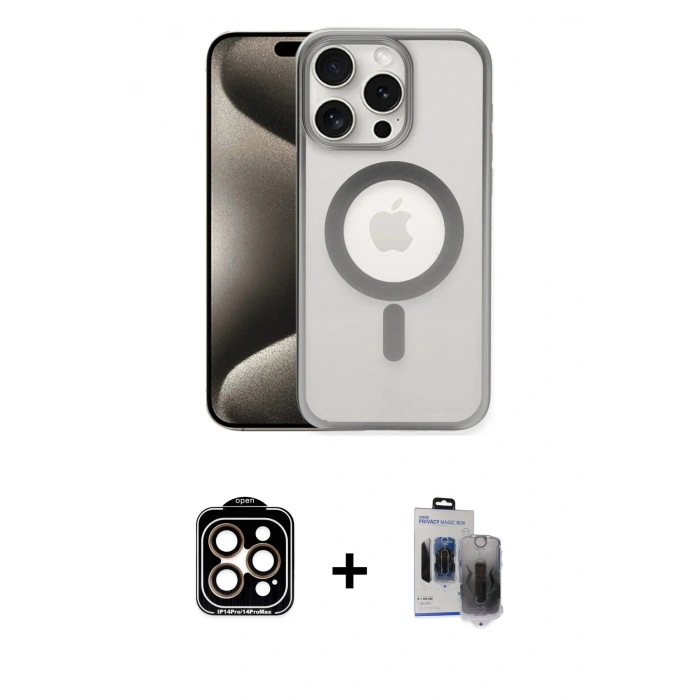 MARSİLYAN™- iPhone 15 Pro Max Kılıf Siluet Çizgi Serisi - Siyah Vanessa Magic Hayalet Cam + PVD Metal Kamera Lens - TU