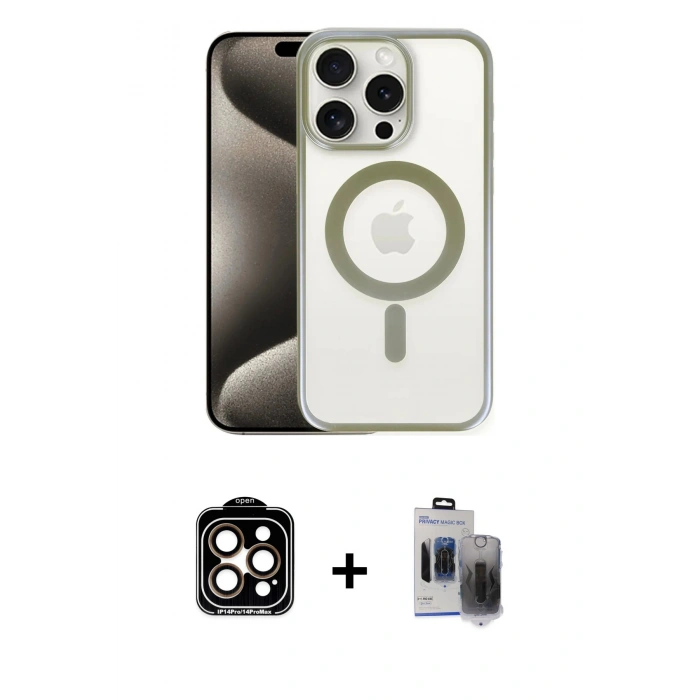 MARSİLYAN™- iPhone 15 Pro Max Kılıf Siluet Çizgi Serisi - Siyah Vanessa Magic Hayalet Cam + PVD Metal Kamera Lens - TU