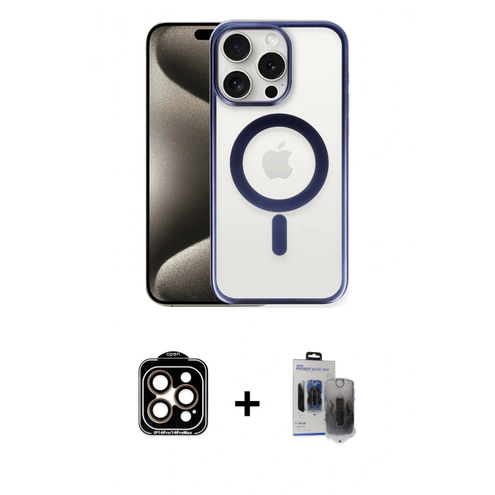 MARSİLYAN™- iPhone 15 Pro Max Kılıf Siluet Çizgi Serisi - Siyah Vanessa Magic Hayalet Cam + PVD Metal Kamera Lens - TU
