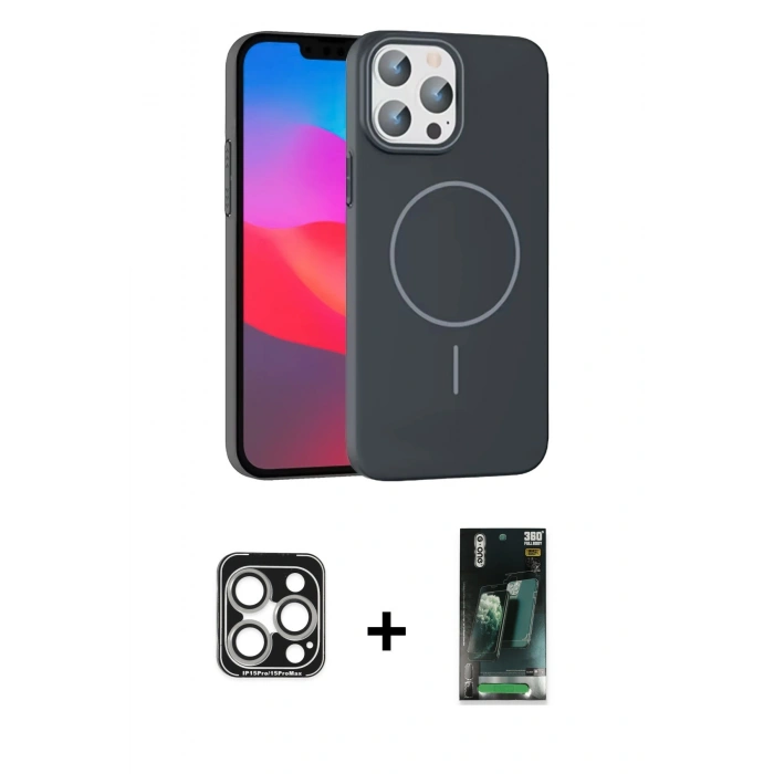 MARSİLYAN™- iPhone 15 Pro Max Kılıf Siluet Doku Özel Seri - Şeffaf 360 Full Body Arka Koruyucu + Gümüş PVD Metal Kamera Lens