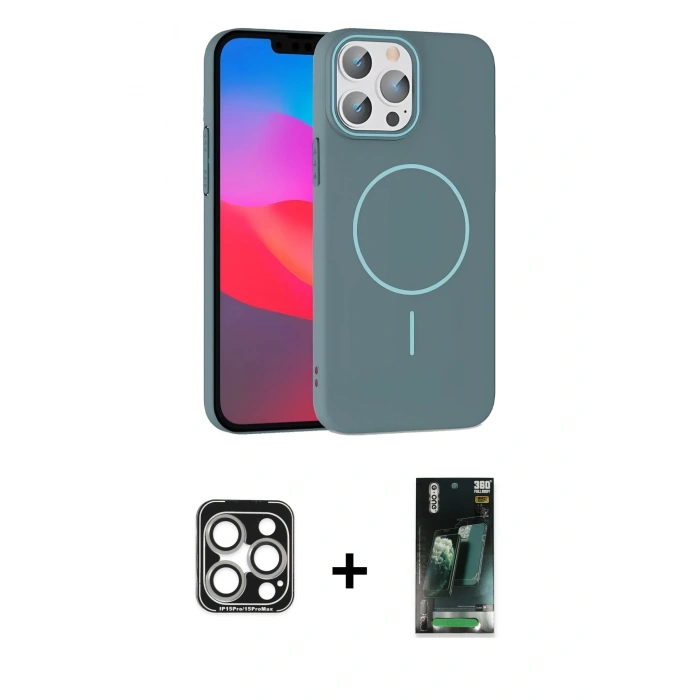 MARSİLYAN™- iPhone 15 Pro Max Kılıf Siluet Doku Özel Seri - Şeffaf 360 Full Body Arka Koruyucu + Gümüş PVD Metal Kamera Lens