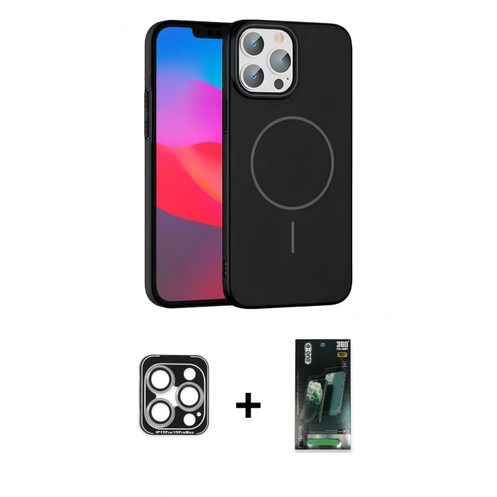 MARSİLYAN™- iPhone 15 Pro Max Kılıf Siluet Doku Özel Seri - Şeffaf 360 Full Body Arka Koruyucu + Gümüş PVD Metal Kamera Lens