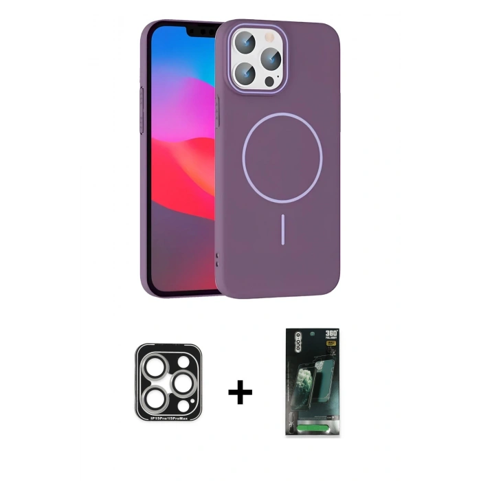 MARSİLYAN™- iPhone 15 Pro Max Kılıf Siluet Doku Özel Seri - Şeffaf 360 Full Body Arka Koruyucu + Gümüş PVD Metal Kamera Lens