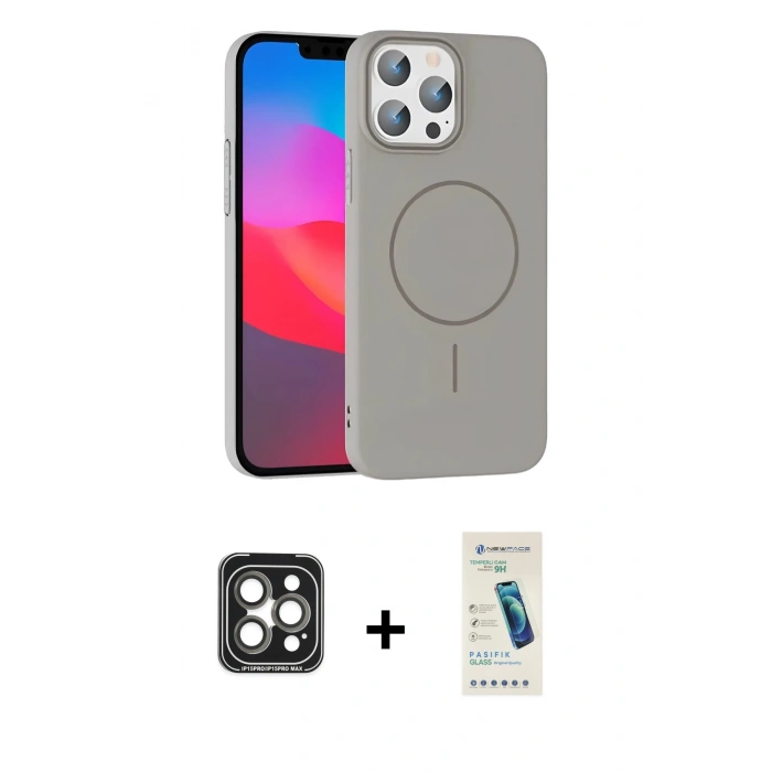MARSİLYAN™- iPhone 15 Pro Max Kılıf Siluet Doku Özel Seri - Şeffaf Pasifik Cam Ekran Koruyucu + Gri PVD Metal Kamera Lens