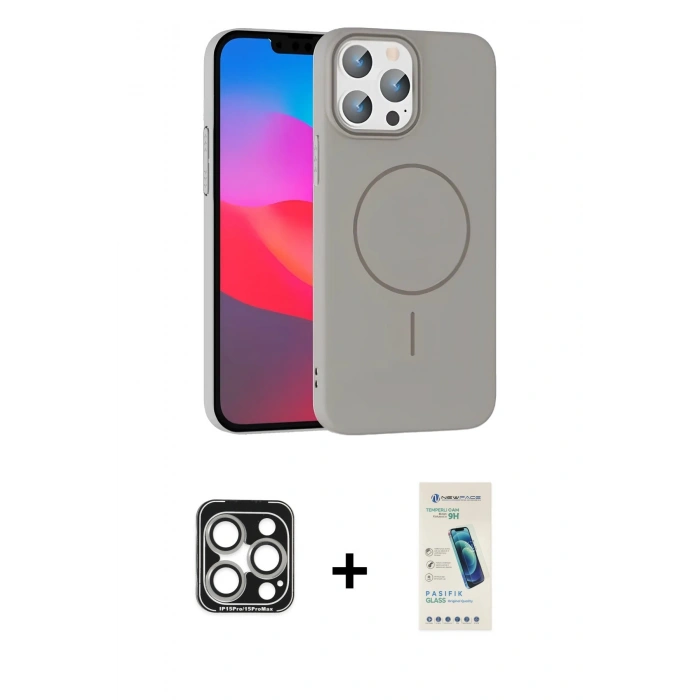 MARSİLYAN™- iPhone 15 Pro Max Kılıf Siluet Doku Özel Seri - Şeffaf Pasifik Cam Ekran Koruyucu + PVD Metal Kamera Lens - GS
