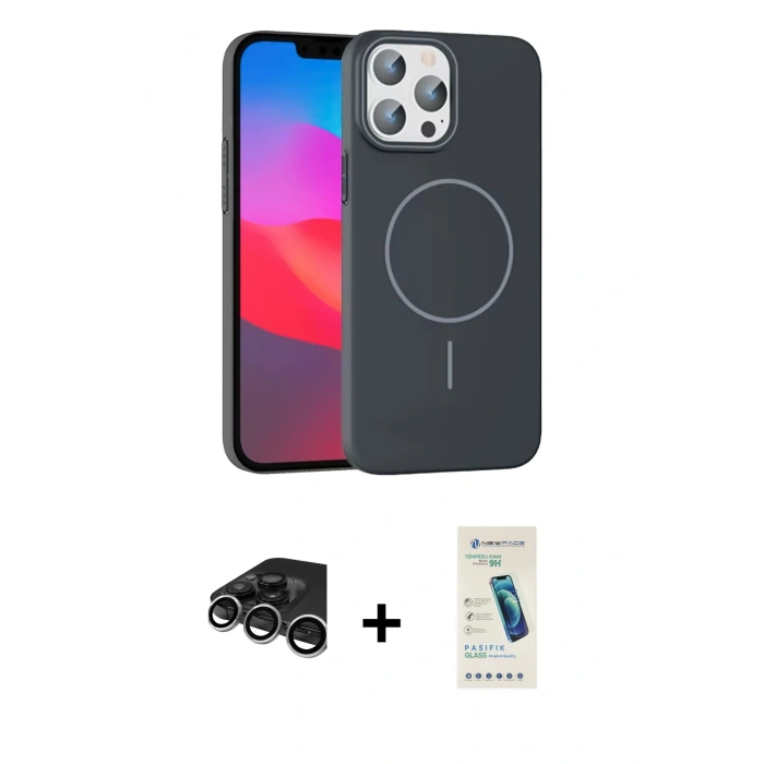 MARSİLYAN™- iPhone 15 Pro Max Kılıf Siluet Doku Özel Seri - Şeffaf Pasifik Cam Ekran Koruyucu + Gümüş Raze Metal Kamera Lens