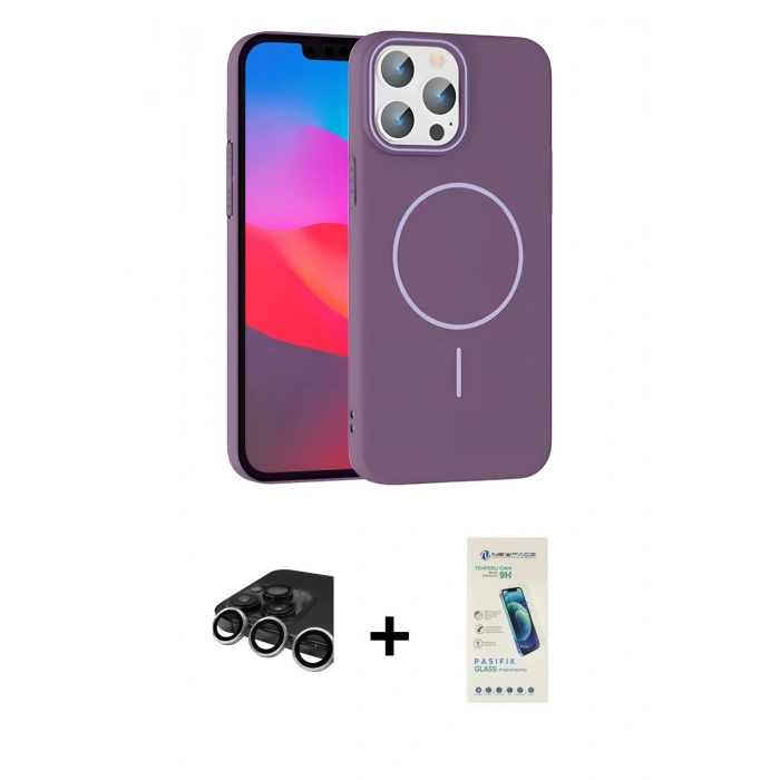 MARSİLYAN™- iPhone 15 Pro Max Kılıf Siluet Doku Özel Seri - Şeffaf Pasifik Cam Ekran Koruyucu + Gümüş Raze Metal Kamera Lens