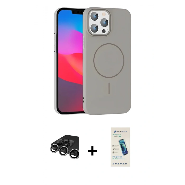 MARSİLYAN™- iPhone 15 Pro Max Kılıf Siluet Doku Özel Seri - Şeffaf Pasifik Cam Ekran Koruyucu + Gümüş Raze Metal Kamera Lens