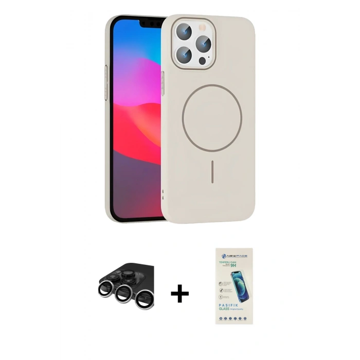 MARSİLYAN™- iPhone 15 Pro Max Kılıf Siluet Doku Özel Seri - Şeffaf Pasifik Cam Ekran Koruyucu + Gümüş Raze Metal Kamera Lens