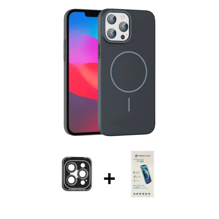MARSİLYAN™- iPhone 15 Pro Max Kılıf Siluet Doku Özel Seri - Şeffaf Pasifik Cam Ekran Koruyucu + PVD Metal Kamera Lens - GI