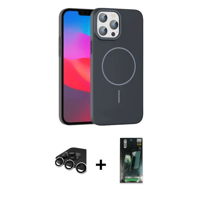 MARSİLYAN™- iPhone 15 Pro Max Kılıf Siluet Doku Özel Seri - Siyah 360 Mat Full Body Arka Koruyucu + Raze Metal Kamera Lens - GS