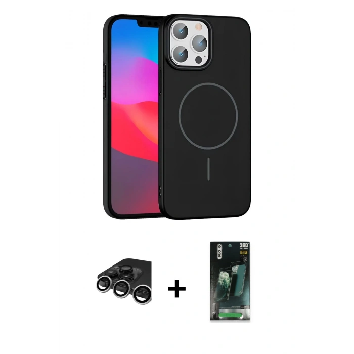 MARSİLYAN™- iPhone 15 Pro Max Kılıf Siluet Doku Özel Seri - Siyah 360 Mat Full Body Arka Koruyucu + Raze Metal Kamera Lens - GS