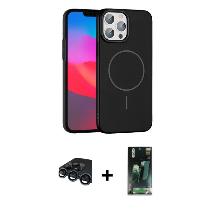 MARSİLYAN™- iPhone 15 Pro Max Kılıf Siluet Doku Özel Seri - Siyah 360 Mat Full Body Arka Koruyucu + Raze Metal Kamera Lens - LT